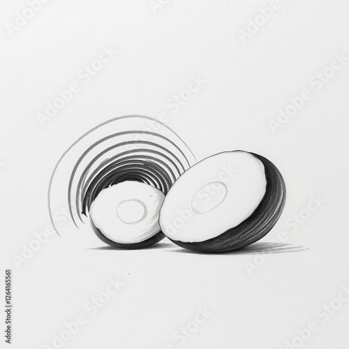 Isolated monochromatic pencil drawing of two concentric circles on a pristine white background. A black and white drawing of two discs with concentric circles. photo