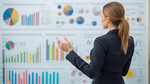 Female leader in a business suit leading a presentation with charts and graphs in the background emphasizing leadership in data driven decisions