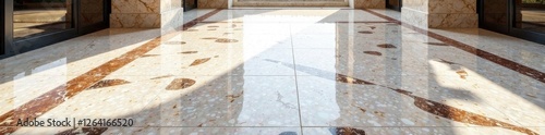 Polished marble floor with terrazzo tiles in geometric pattern, design, minimalist