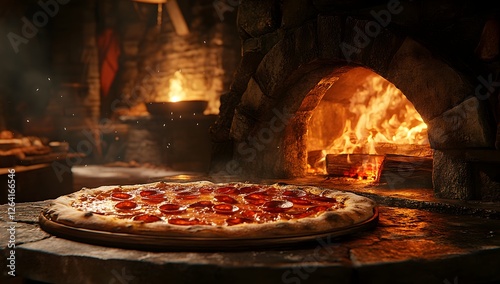 Pizza Baking in Stone Oven, Rustic Interior photo