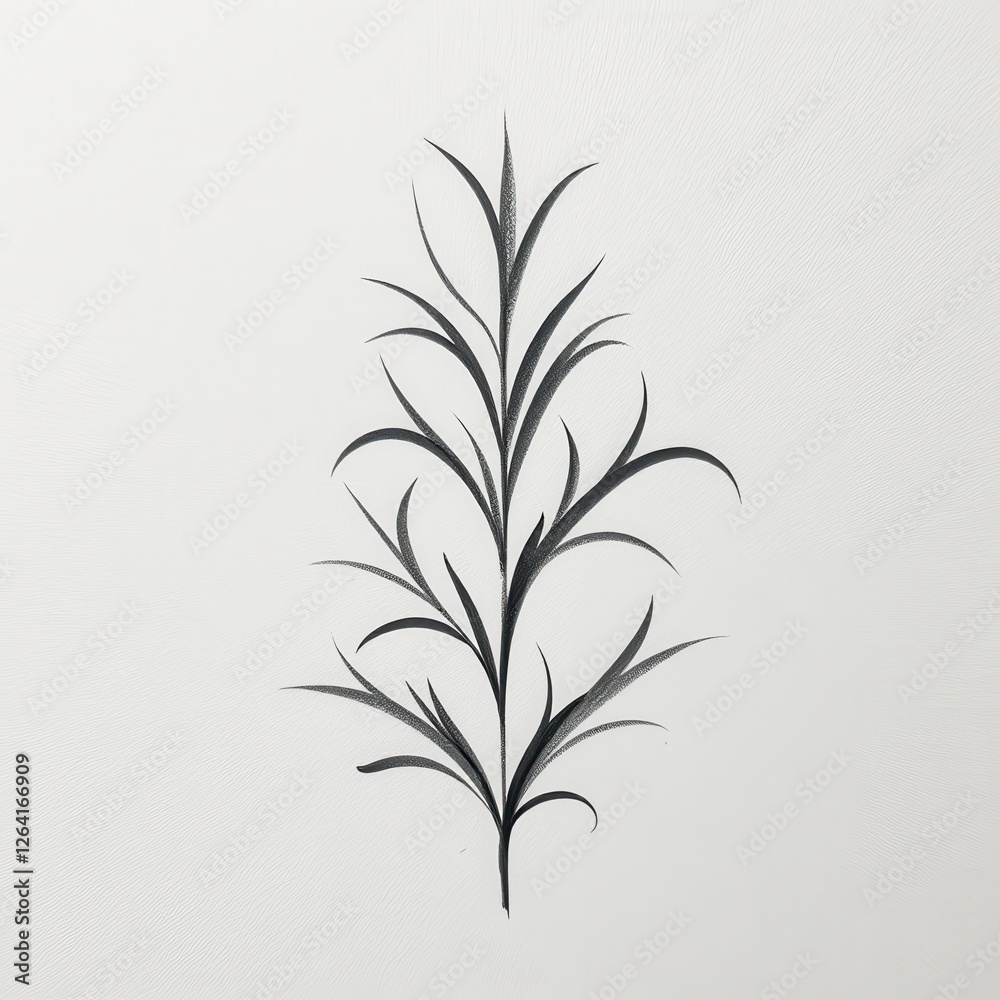 Naklejka premium Stark Contrast: Intricate Rosemary Plant Drawing on White Background. A black and white drawing of a plant.