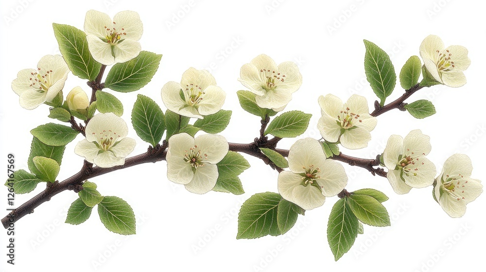 Fototapeta premium Delicate white blossoms on a branch with green leaves, showcasing spring's beauty in nature
