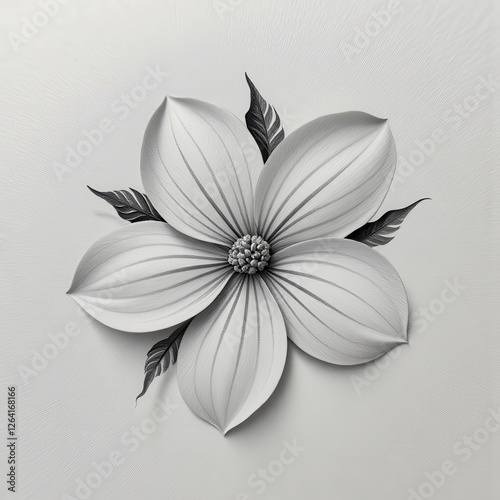 Isolated Dogwood Flower Drawing on Pure White Background  Detailed and Intricate Design. A black and white drawing of a dogwood flower. photo