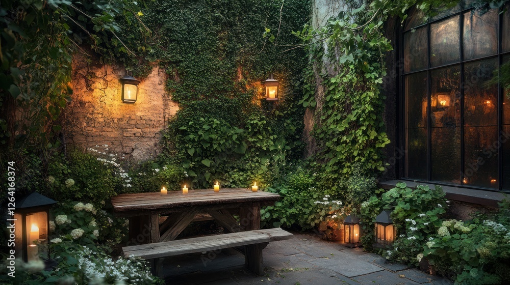 Obraz premium A hidden courtyard garden terrace with ivy-covered walls, a rustic wooden bench, small candle lanterns, and a soft breeze carrying the scent of fresh flowers.