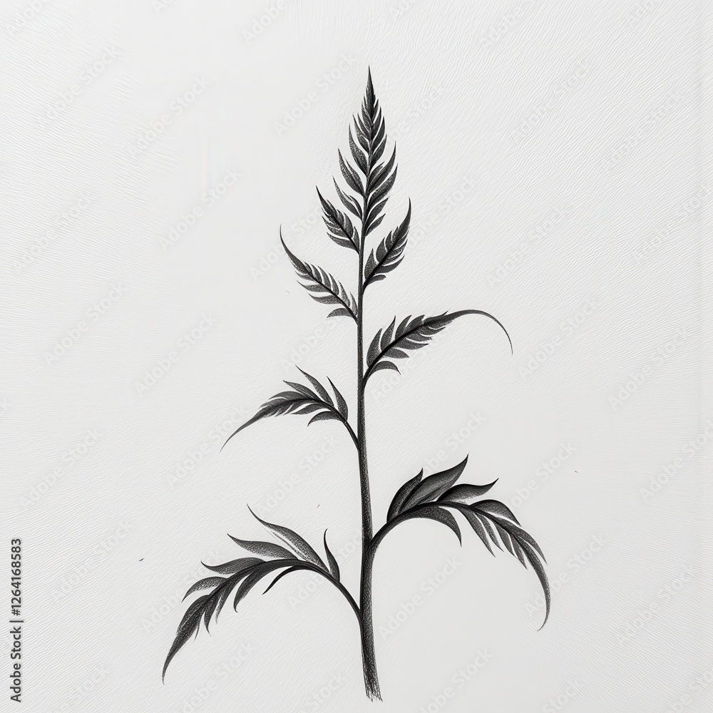 Naklejka premium Isolated intricate white background black and white plant illustration. A black and white drawing of a plant with leaves.