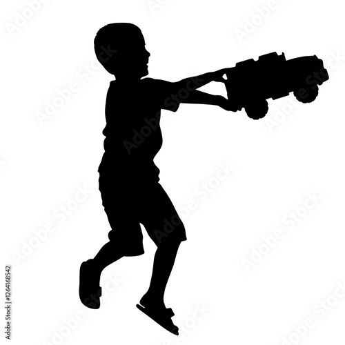 Silhouette of a Young Boy Holding a Toy Car, Standing on One Leg as if in Motion – A Representation of Childhood, Playfulness, and Imagination