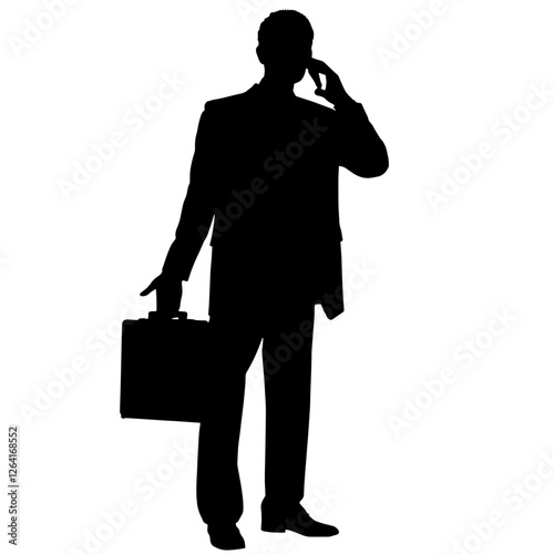Silhouette of a Businessman Talking on the Phone While Holding a Briefcase, Engaged in a Serious Business Conversation – A Strong Representation of Communication, Success, and Determination