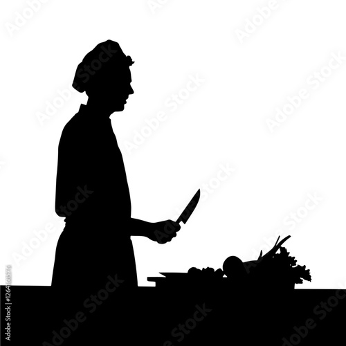 Silhouette of a Chef Cutting Vegetables in the Kitchen, Holding a Knife and Preparing Ingredients – A Moment of Focus, Precision, and Culinary Craftsmanship