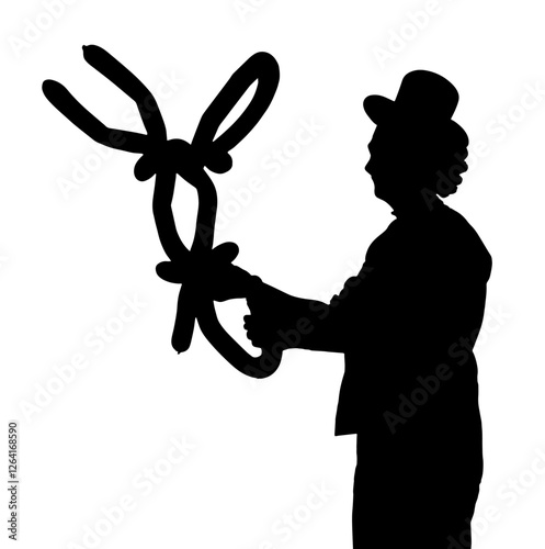Silhouette of a Clown Making a Balloon Animal, Wearing a Hat and Creating a Fun Figure – A Playful and Entertaining Moment of Creativity and Joy