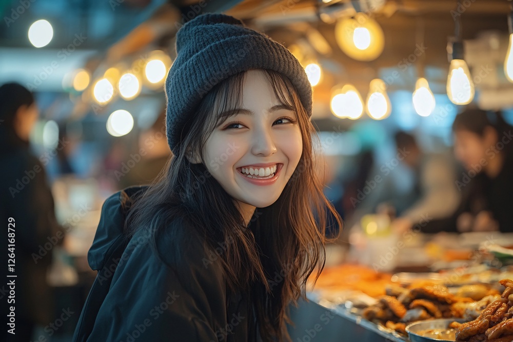 Obraz premium Smiling Woman Wearing Beanie at Night Market