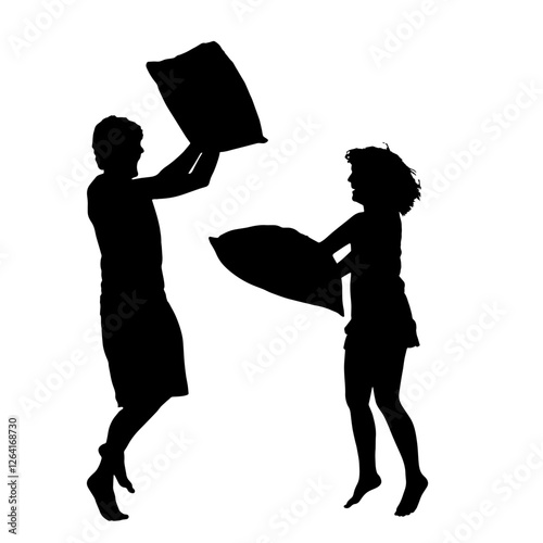 Silhouette of a Playful Couple Engaged in a Pillow Fight, Laughing and Swinging Pillows in a Cozy Bedroom Setting – Professions in Entertainment, Acting, and Creativity