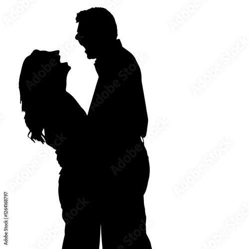 Silhouette of a Couple Standing Face to Face, Laughing,Engaged in a Joyful Conversation, Showing Their Close Bond,Happiness. Valentine's Day.Emotional Connection, Love, Affection, Trust, Playfulness, 