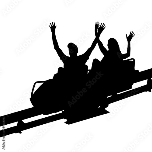 Silhouette of a Couple Sitting in a Roller Coaster Cart with Hands Raised. Adventure, Thrill, Recreation, Amusement Industry, Adrenaline, Speed, Motion, Excitement, Amusement, Entertainment, Fun, Free