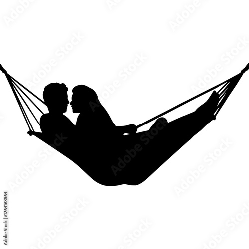 Silhouette of a Couple Sitting in a Hammock Together, Leaning Towards Each Other. Love, Intimacy, Relaxation, Romance, Comfort, Togetherness, Connection, Affection, Joy, Serenity, Tranquility, Warmth,