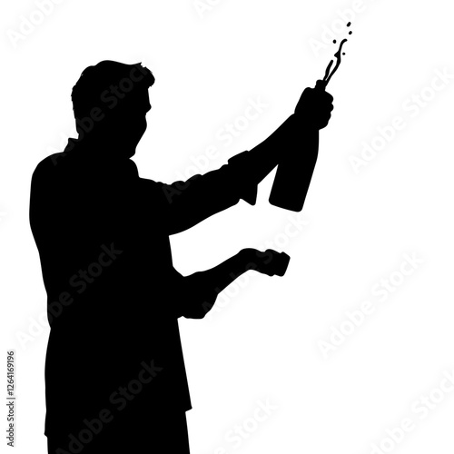 Silhouette of a Man Opening a Champagne Bottle with Foam Spraying Out. Party, Cheers, Success, Luxury, Laughter, Toast, Victory, Enjoyment, Elegance, Achievement, Event, Emotion, Anticipation, Popping