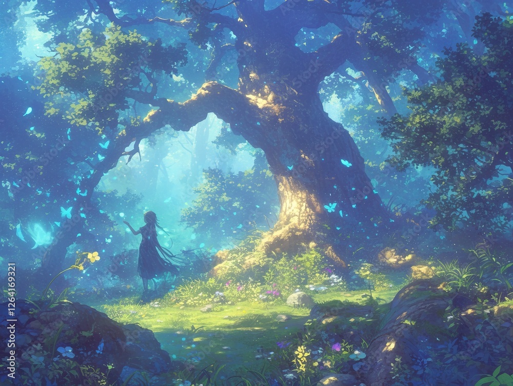 Fototapeta premium Girl with butterflies under ancient tree in magical forest