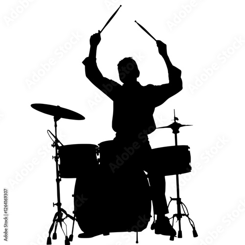 Silhouette of a Drummer Playing a Drum Set, Holding Drumsticks with Arms Raised. Rhythm, Coordination, Energy, Focus, Precision, Performance, Creativity, Musicality, Timing, Stage Presence, Sound, Sho
