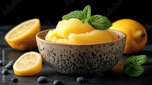 Refreshing lemon sorbet served in a speckled bowl, garnished with mint leaves, with lemons and blueberries