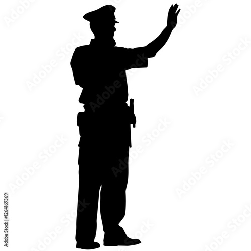 Silhouette of a Police Officer in Uniform Directing Traffic, Standing in Profile with One Arm Raised – Authority, Law Enforcement, Public Safety, Responsibility, Protection, Regulation, Order, Leaders