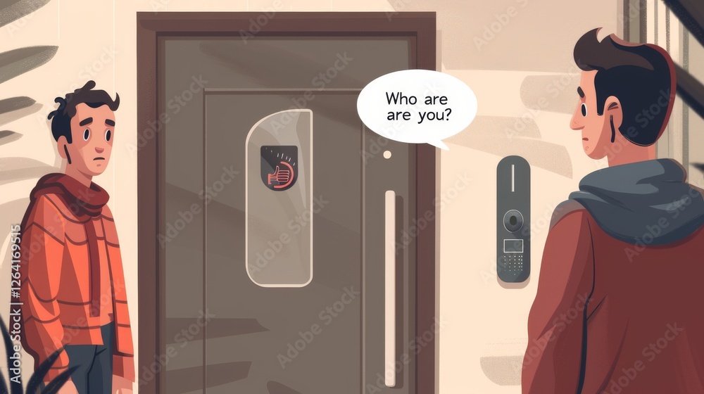 A digital illustration depicts two young men in conversation at a futuristic smart door with an AI-powered panel. The scene blends modern technology with a playful, artistic style. AI generated.