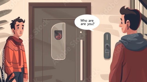 A digital illustration depicts two young men in conversation at a futuristic smart door with an AI-powered panel. The scene blends modern technology with a playful, artistic style. AI generated.