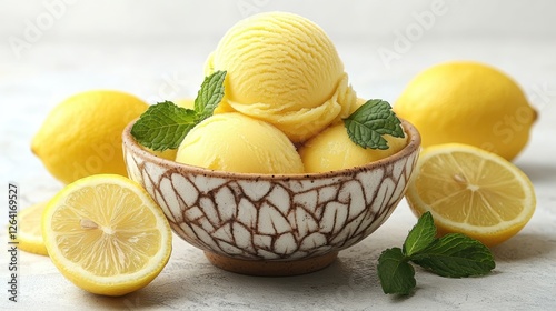 A bowl of creamy lemon ice cream scoops garnished with fresh mint leaves and lemon slices