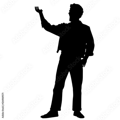 Silhouette of an Actor Standing Tall, Raising One Hand as if Holding or Showing Something. Performance, Expression, Creativity, Drama, Stage Presence, Emotion, Storytelling, Artistry, Confidence, Thea