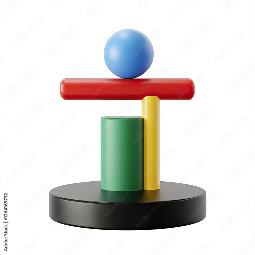 Colorful geometric shapes balanced on black base against white background Colorful geometric shapes balanced on black base against white background