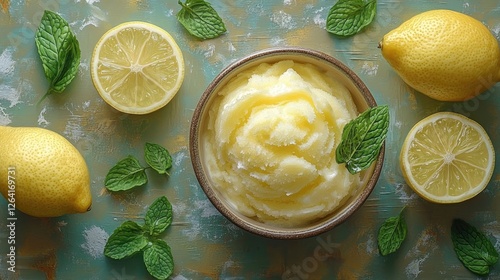 Fresh lemon sorbet in a bowl surrounded by lemon slices and mint leaves on a textured background
