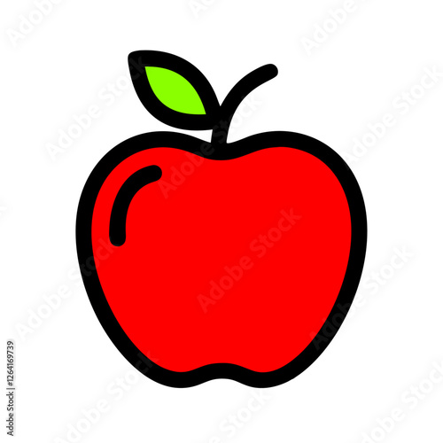 Red Apple with a Black Outline, Green Leaf, a Cartoon Style Stem. Wholesome, Fresh, Delicious, Healthy, Vibrant, Natural, Energy, Organic, Nutrition, Vitality, Bright, Tasty, Juicy, Food Symbol, Clean