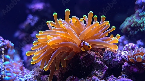 Vibrant orange sea anemone with clownfish nestled among coral reef in a colorful underwater scene
