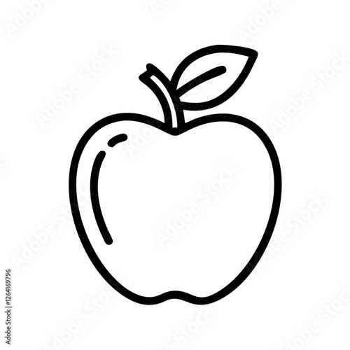 Outline of an Apple with a Single Leaf on Top, Simple Black Lines on a White Background. Minimalist, Organic, Freshness, Health, Simplicity, Clean Lines, Natural, Diet, Nutrition, Modern, Wholesome, A