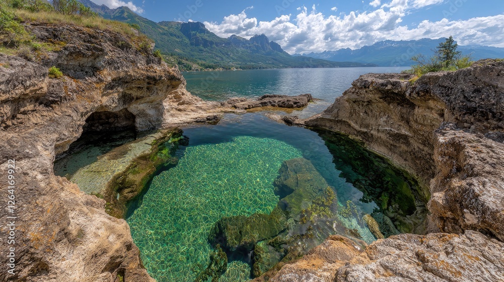 Fototapeta premium Crystal-clear lake pool nestled between rocky cliffs. Scenic alpine vista. Possible use Travel brochure or nature article