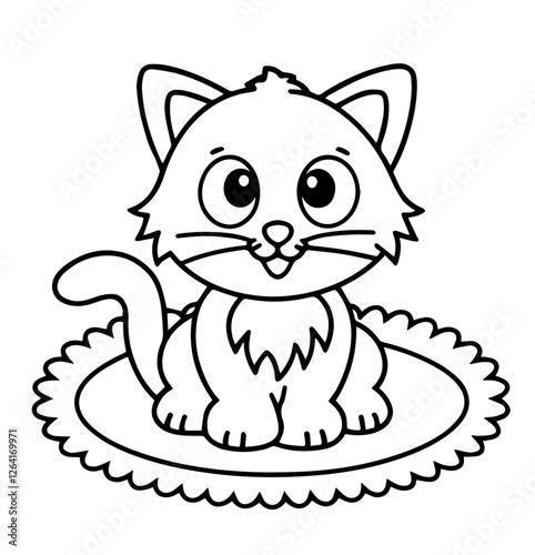Cute Cartoon Kitten with Big Eyes Sitting on a Rug with Jagged Edges – Adorable, Playful, Friendly, Whimsical, Cheerful, Furry, Expressive, Black and White, Coloring Page, Feline, Innocence, Joy, Arti