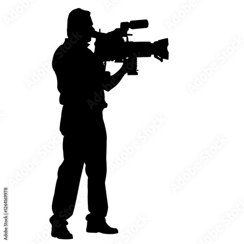 Silhouette of a Cinematographer Holding a Video Camera on Shoulder, Standing Upright – Creativity, Vision, Camera Work, Technical Expertise, Lighting, Framing, Motion, Storytelling, Composition, Film 