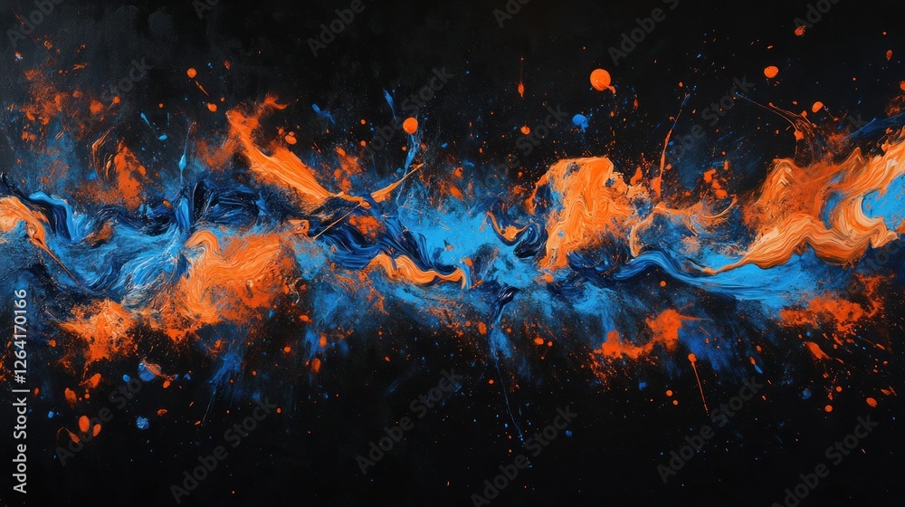 A modern, artistic splash of electric blue and fiery orange paint clashing together on a sleek black background, emphasizing high contrast and bold creativity.