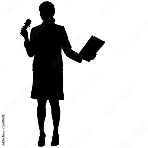Silhouette of a Journalist Holding a Microphone,Documents in a Business Suit – Confidence, Inquiry, Communication, Reporting, Investigation, Truth-Seeking, Media Presence, Public Speaking, Professiona