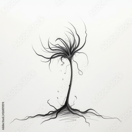 Detailed Black & White Tree Drawing on Pure White Background  HighQuality Isolation. A black and white drawing of a tree with roots. photo