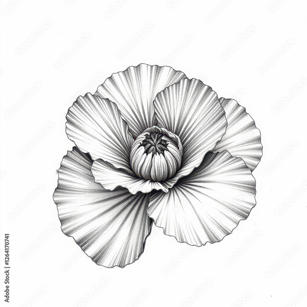 Obraz premium Detailed Black and White Poppy Flower Isolated on a Pure White Background. A black and white drawing of a poppy flower.