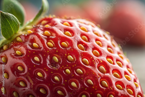 An extreme close-up showcasing the intricate details of a strawberry’s surface, focusing on its tiny yellow seeds photo