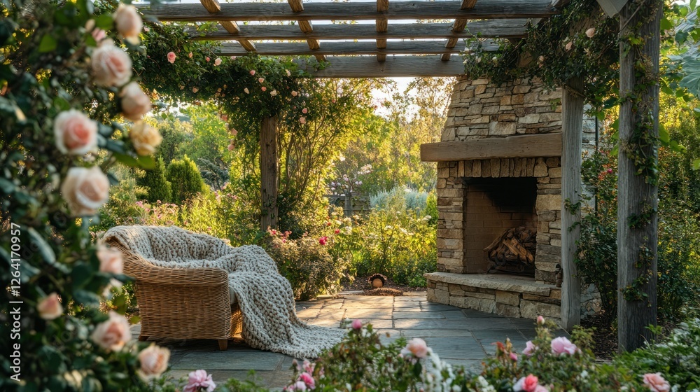 Fototapeta premium A picturesque garden terrace with a natural stone fireplace, a wooden pergola draped in climbing roses, and a cozy armchair with a knitted throw.