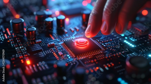 A close-up view of a hand pressing a bright red button on an intricate circuit board, representing high-tech automation, artificial intelligence, and cybersecurity. AI generated.