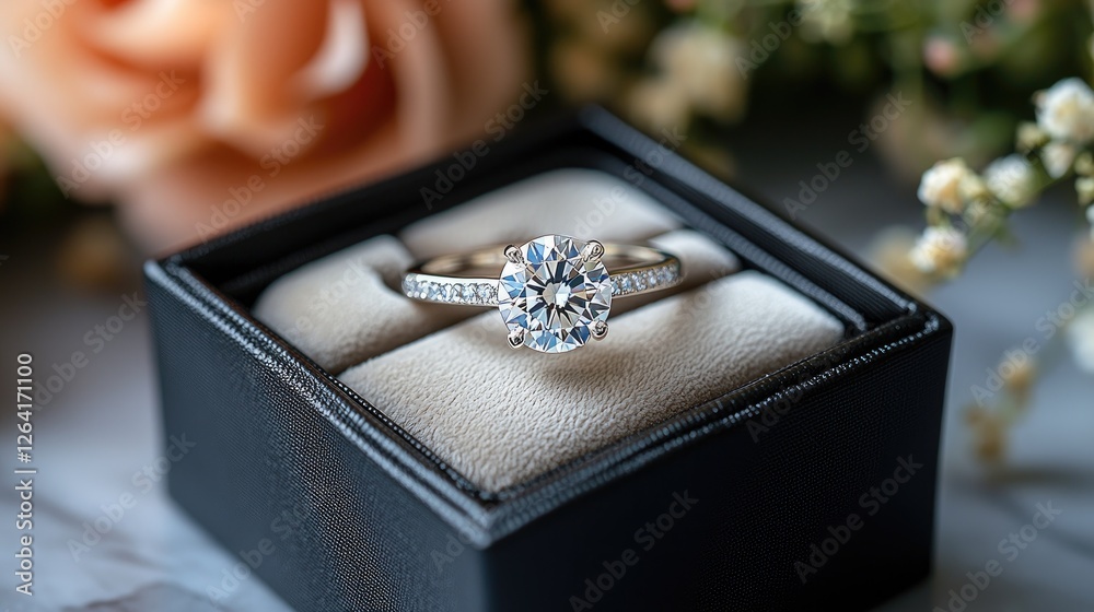 Elegant diamond engagement ring displayed in a luxurious box with floral background ambiance Elegant diamond engagement ring displayed in a luxurious box with floral background ambiance