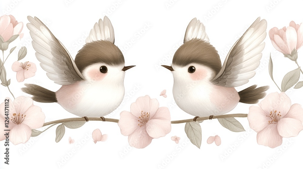 Obraz premium Watercolor birds on a branch with flowers artistic cute natural ornithology springtime wildlife avian illustration vector art