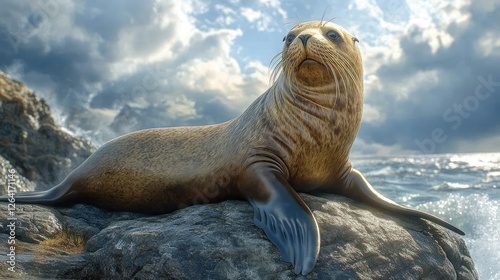 A majestic seal resting on a rocky shore under a dramatic sky with rolling waves in the background
