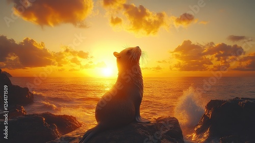 Silhouette of a sea otter gazing at a vibrant sunset over the ocean waves, serene atmosphere