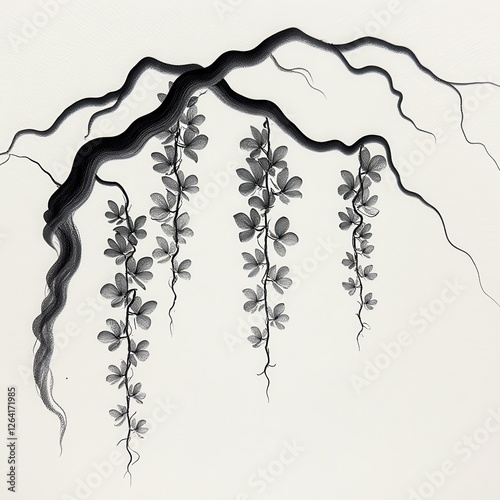 Isolated Monochromatic Vine Drawing on Pure White Background  Detailed Art Illustration. A black and white drawing of vines and flowers. photo