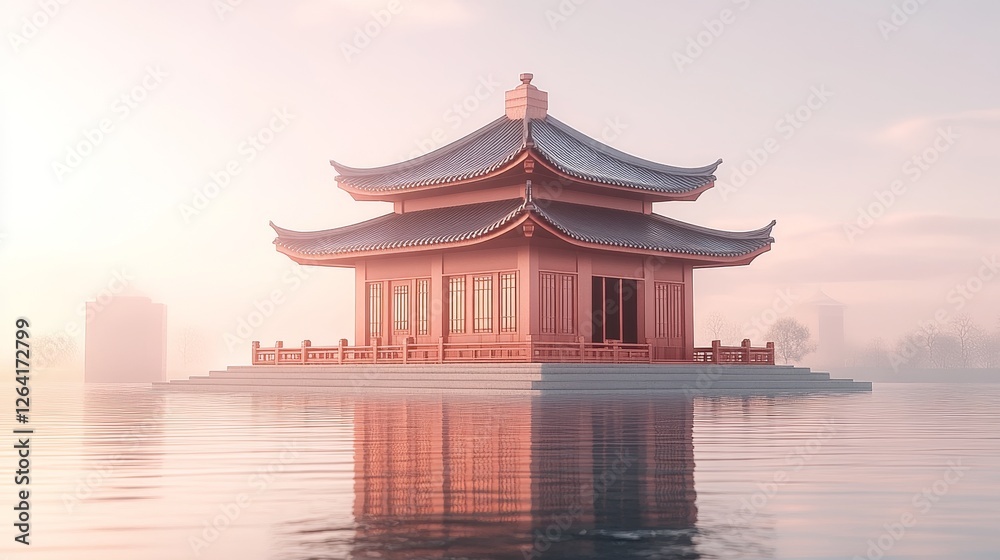 Mystical Oriental Pavilion Reflecting on Calm Water at Pink Sunset Serenity Embraces Traditional Architecture Dreamy Scenery Evokes Tranquility Mystical Oriental Pavilion Reflecting on Calm Water at Pink Sunset Serenity Embraces Traditional Architecture Dreamy Scenery Evokes Tranquility