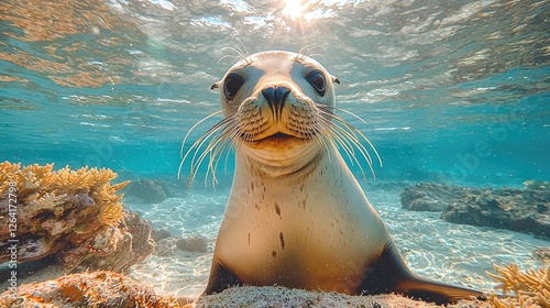 Playful sea lion swimming underwater, surrounded by vibrant coral and clear blue water