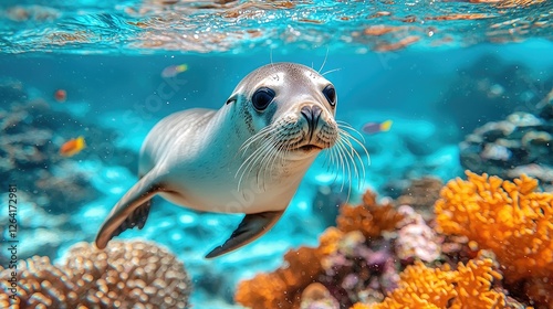 Playful seal swimming gracefully among vibrant coral reefs in a clear blue ocean
